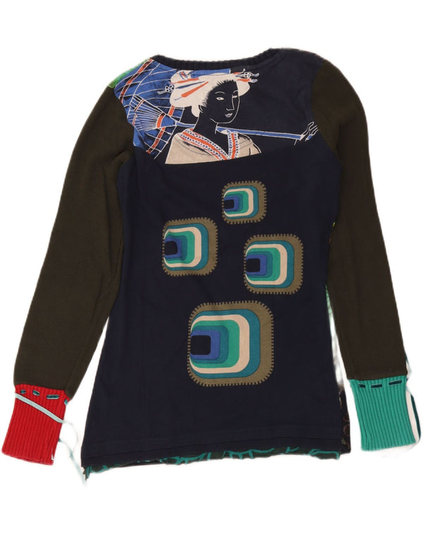 Top gráfico feminino Desigual manga comprida UK 14 grande azul marinho floral