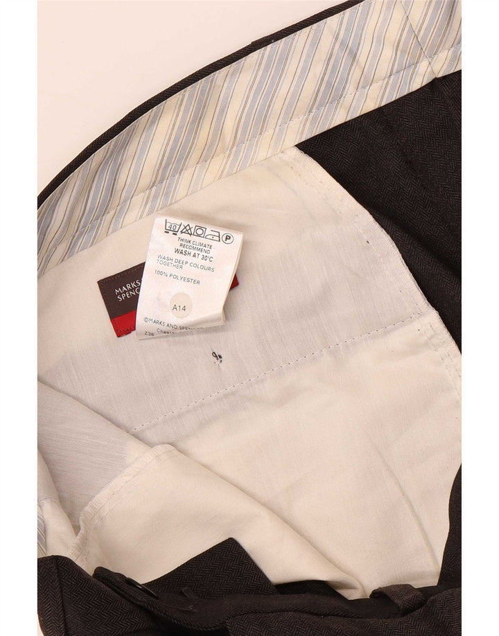 Calça masculina de terno reto Marks & Spencer W34 L31 espinha de peixe marrom