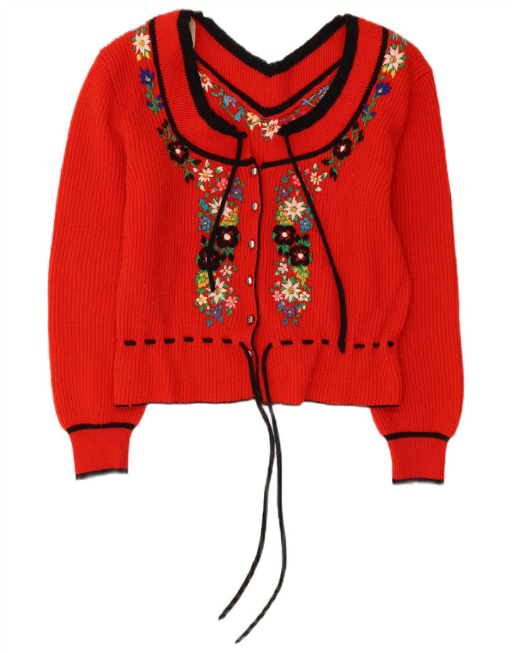 Suéter cardigã feminino vintage Reino Unido 14 floral vermelho médio