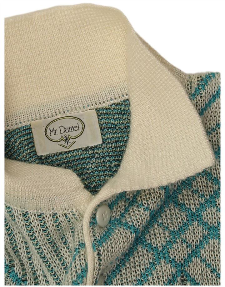 Suéter masculino vintage com gola polo e azul médio geométrico
