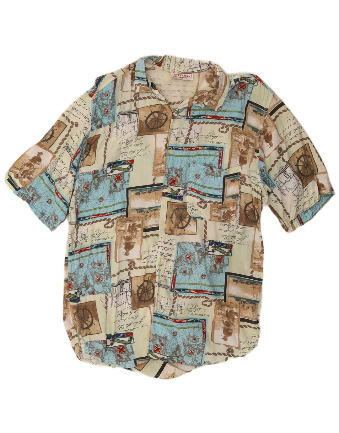 STEFANEL Camisa masculina gráfica de manga curta pequena patchwork multicolorido