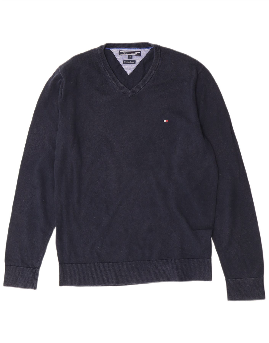 Tommy Hilfiger Suéter masculino com decote em V médio algodão azul marinho