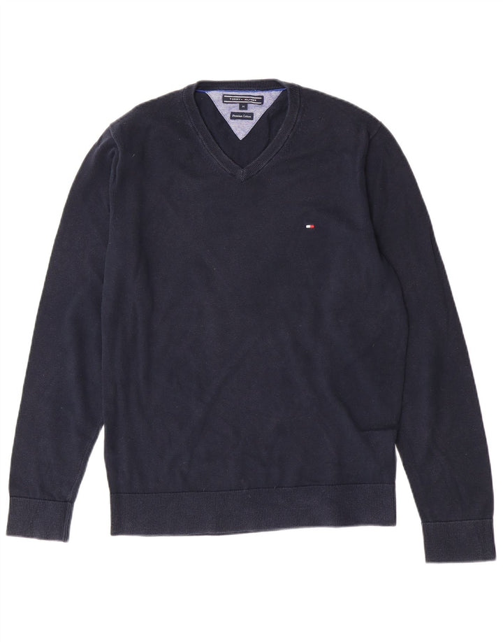 Tommy Hilfiger Suéter masculino com decote em V médio algodão azul marinho