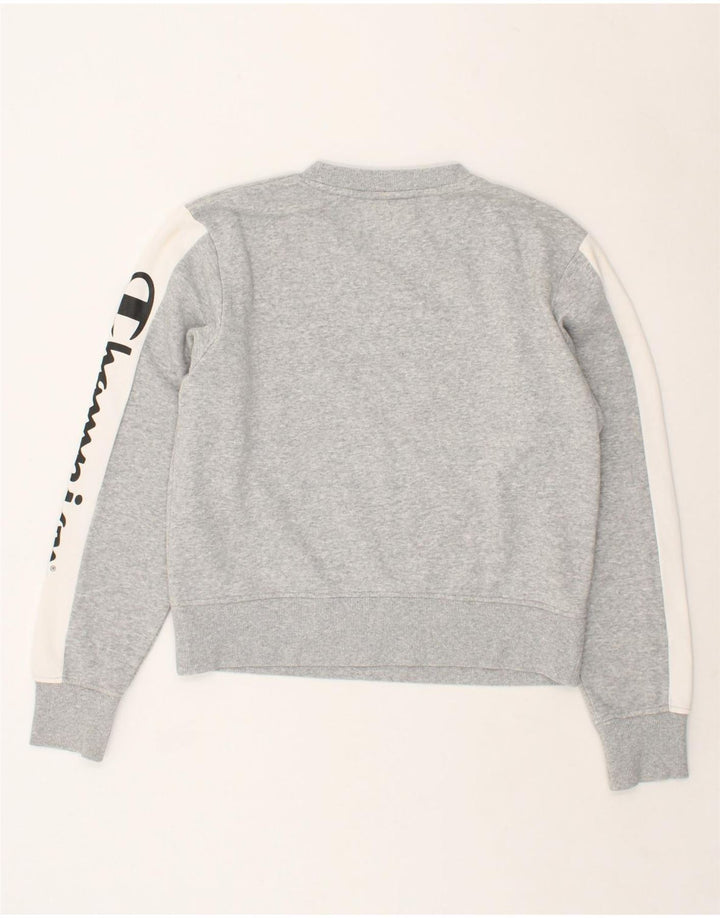 CHAMPION Womens Graphic Crop Sweatshirt Jumper UK 14 Medium Grey | Vintage Champion | Thrift | Second-Hand Champion | Used Clothing | Messina Hembry 