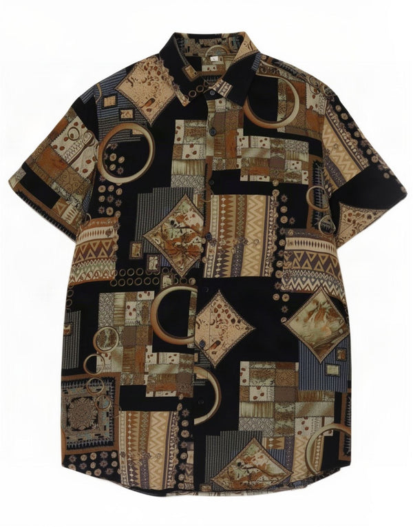Camisa masculina vintage de manga curta grande viscose geométrica multicolorida