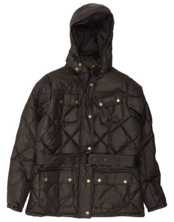 Jaqueta feminina acolchoada com capuz BARBOUR UK 14 grande preta