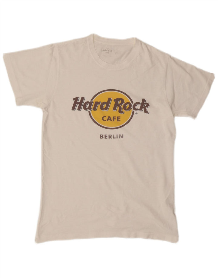 Camiseta masculina Hard Rock Cafe Berlin com estampa gráfica pequena branca