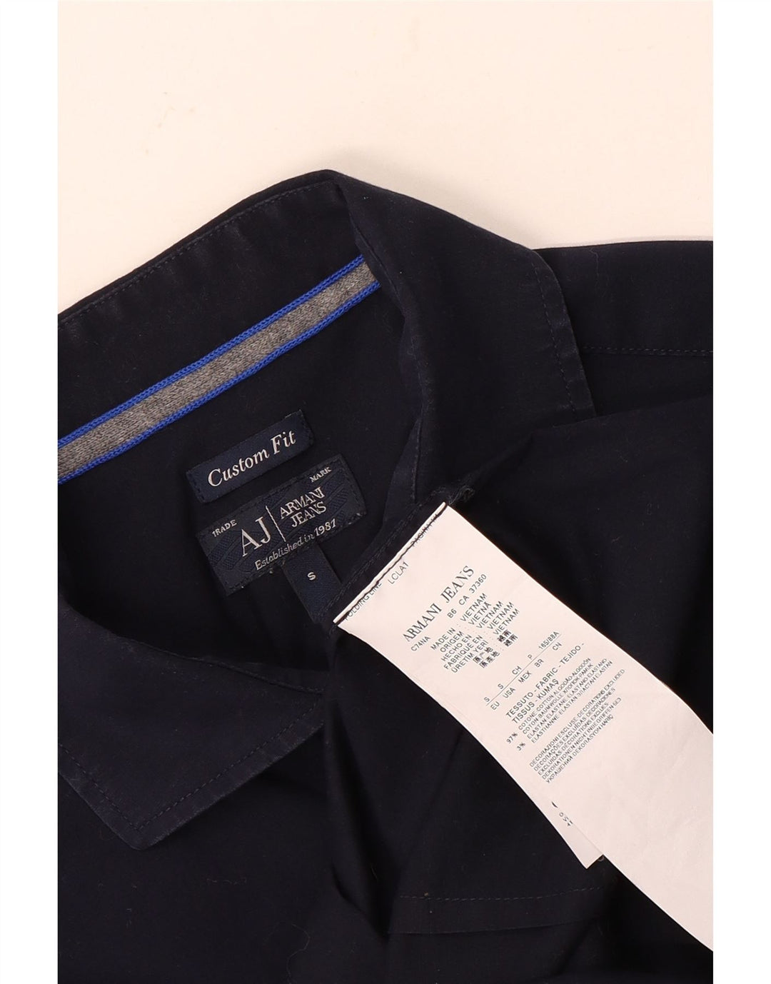 Camisa masculina Armani Jeans Custom Fit pequena azul marinho algodão