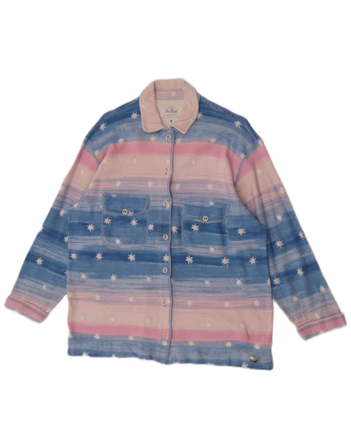 Blusa feminina vintage com padrão abstrato Reino Unido 16 grande listrada azul