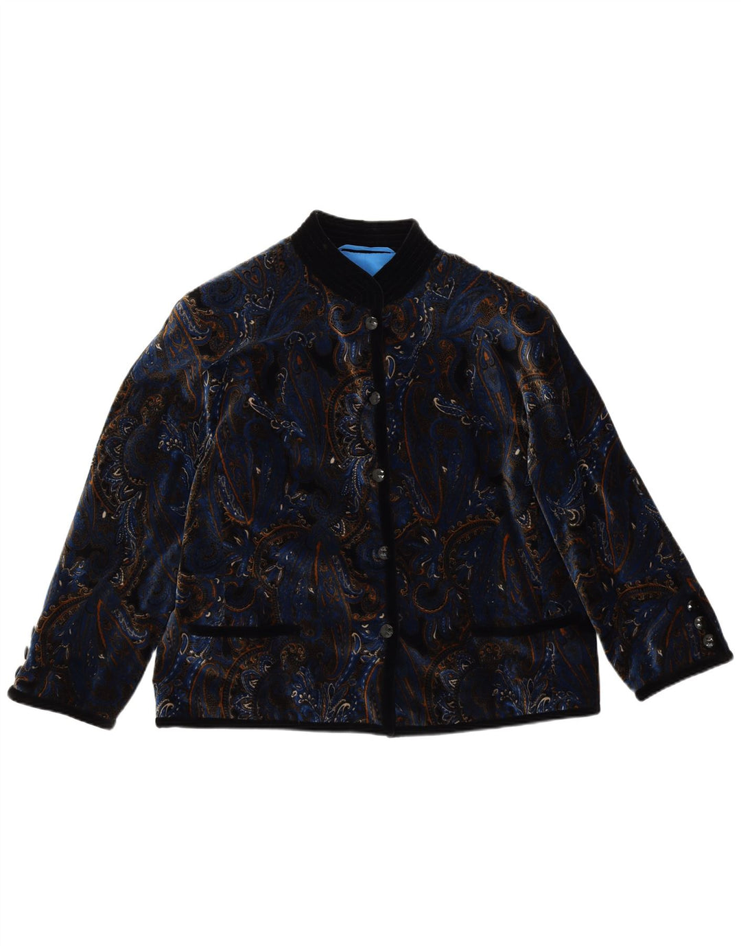 Jaqueta blazer feminina VINTAGE de veludo com 5 botões Reino Unido 14 grande azul paisley