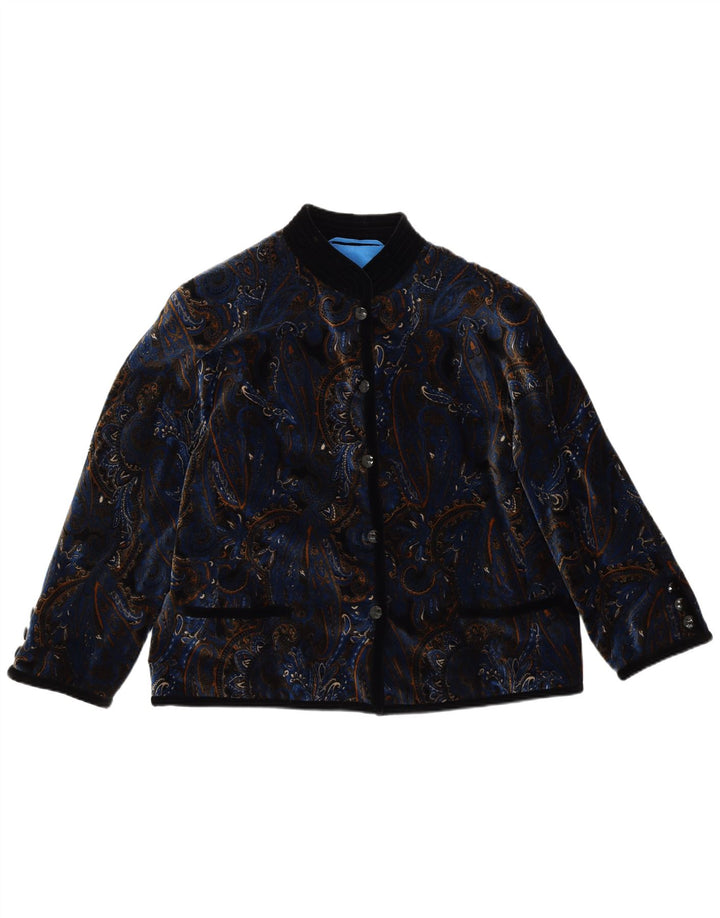 Jaqueta blazer feminina VINTAGE de veludo com 5 botões Reino Unido 14 grande azul paisley