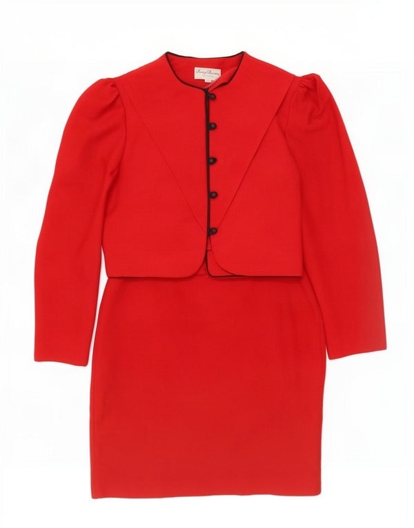 Conjunto de saia feminina vintage com 5 botões e 2 peças UK 12 médio W28 poliéster vermelho