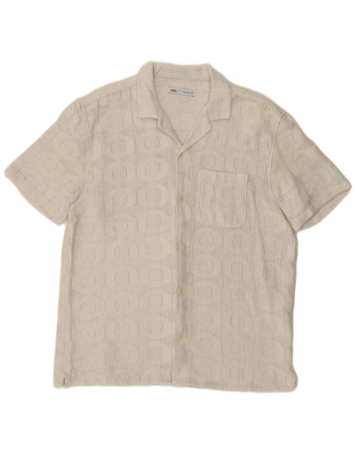 Zara Camisa masculina de manga curta XL algodão geométrico branco