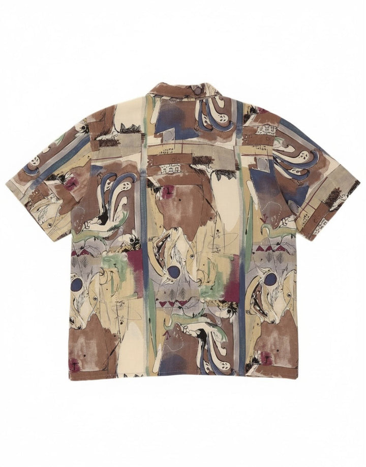 Camisa feminina vintage de manga curta com padrão abstrato grande multicolorida