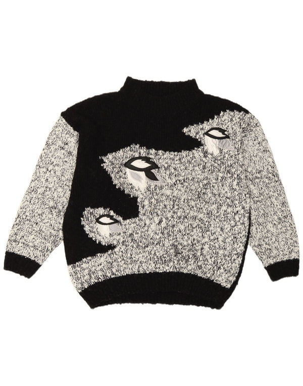 Suéter feminino vintage com gola tartaruga Reino Unido 16/18 grande bloco colorido preto