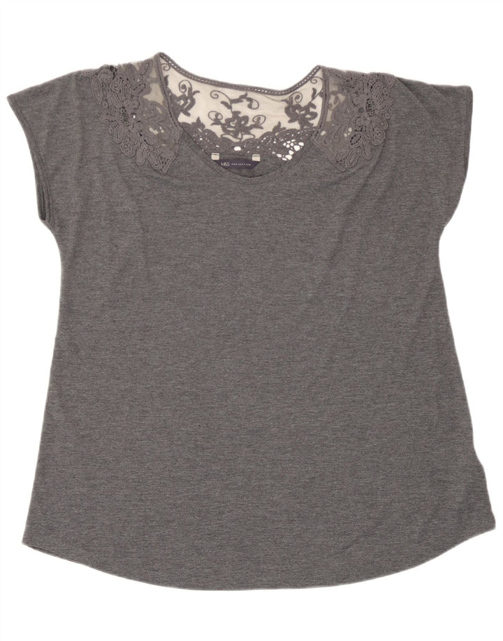 Blusa feminina Marks & Spencer Reino Unido 14 grande poliéster floral cinza
