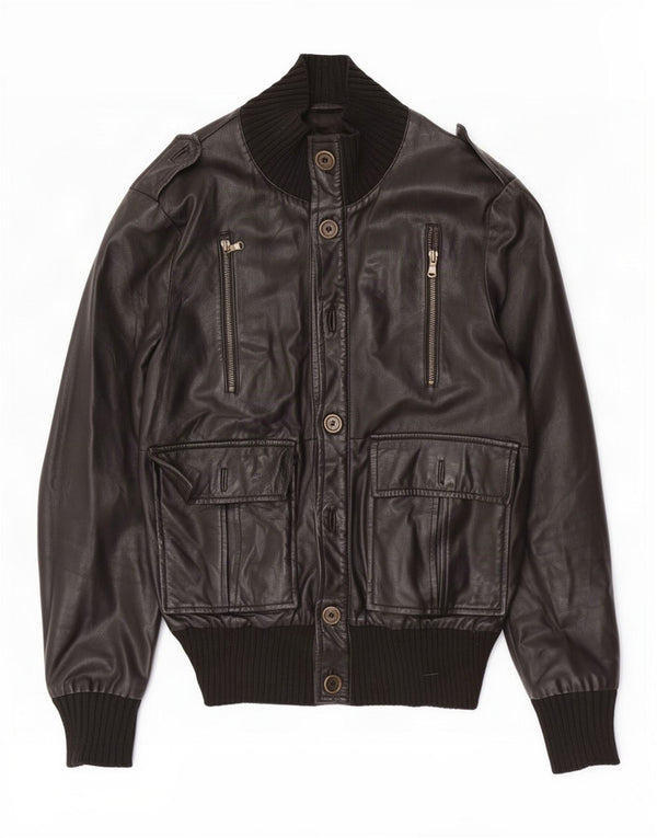 Jaqueta de couro militar masculina Squero UK 36 pequena preta