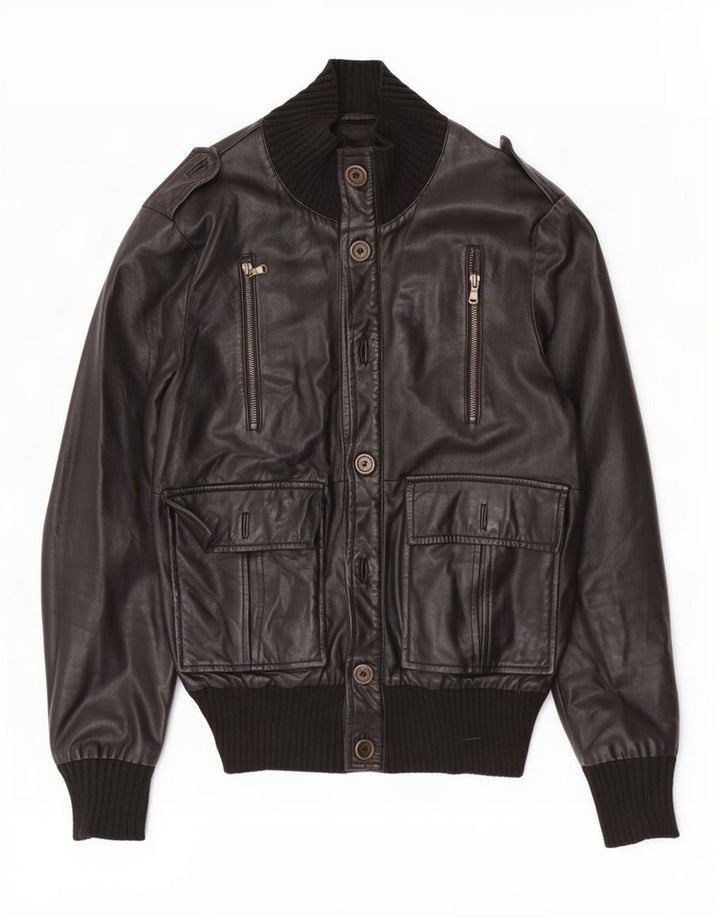 Jaqueta de couro militar masculina Squero UK 36 pequena preta