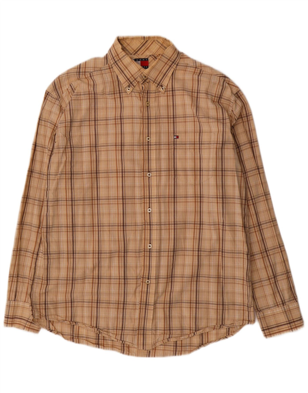 Camisa masculina Tommy Hilfiger de algodão xadrez bege médio