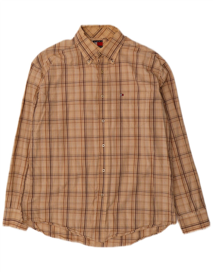 Camisa masculina Tommy Hilfiger de algodão xadrez bege médio