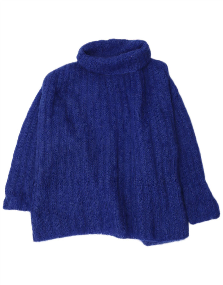Suéter feminino vintage com gola alta e gola alta Reino Unido 12 azul médio