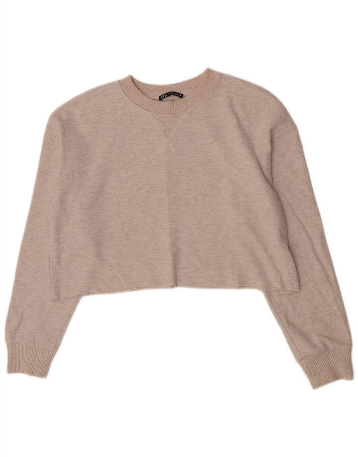 Zara Crop Top Feminino Manga Longa Reino Unido 16 Grande Poliéster Bege