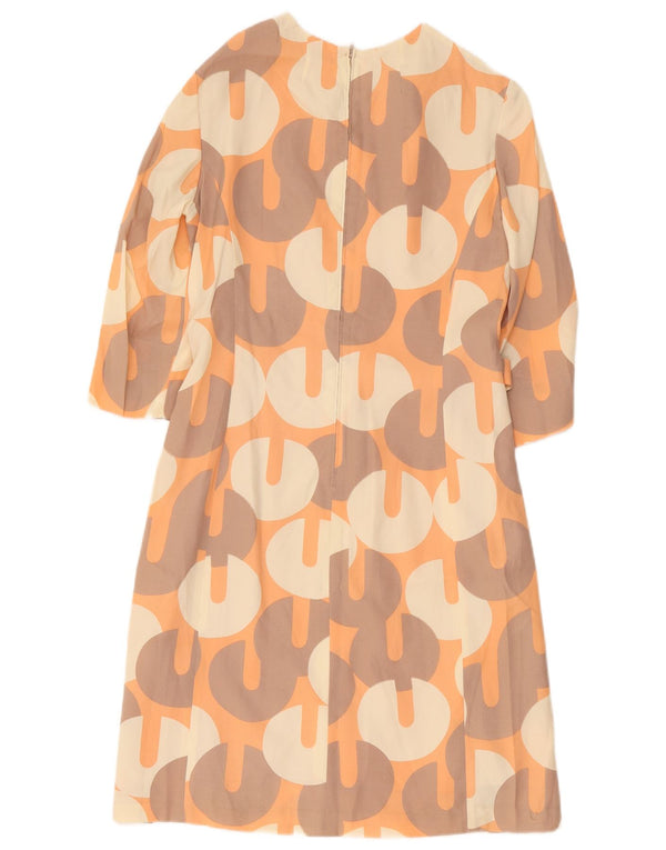 Vestido feminino vintage manga 3/4 com bainha UK 12 médio laranja geométrico