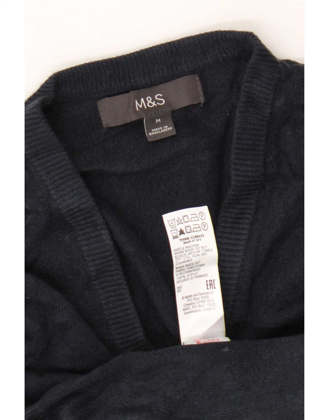 Suéter masculino Marks & Spencer com decote em V médio azul marinho acrílico