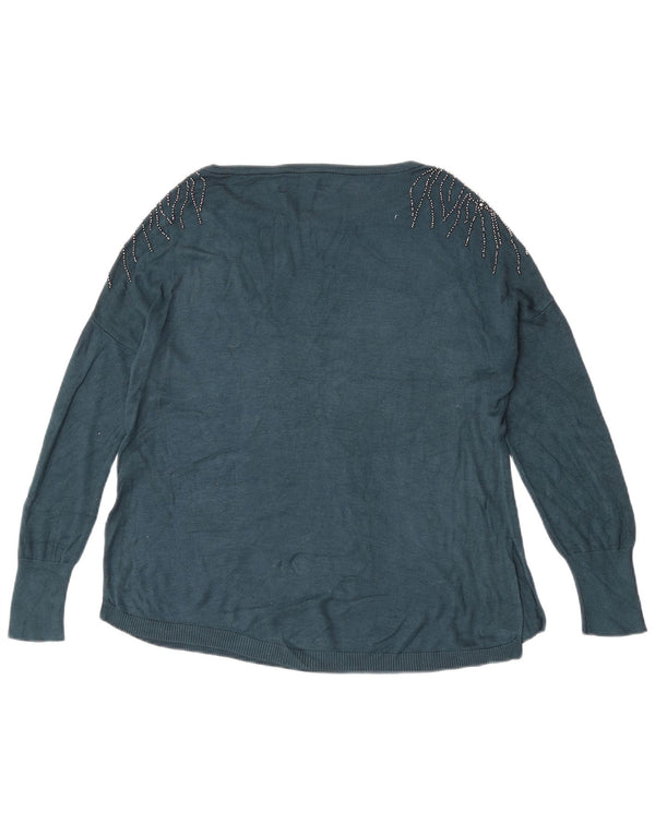 Suéter feminino Oasis com gola canoa grande Reino Unido 10 viscose azul pequena