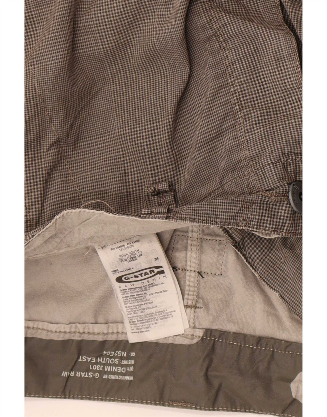 Shorts cargo masculino G-Star W34 grande algodão xadrez cinza