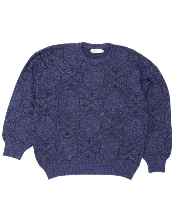 Suéter vintage masculino com gola redonda XL azul geométrico