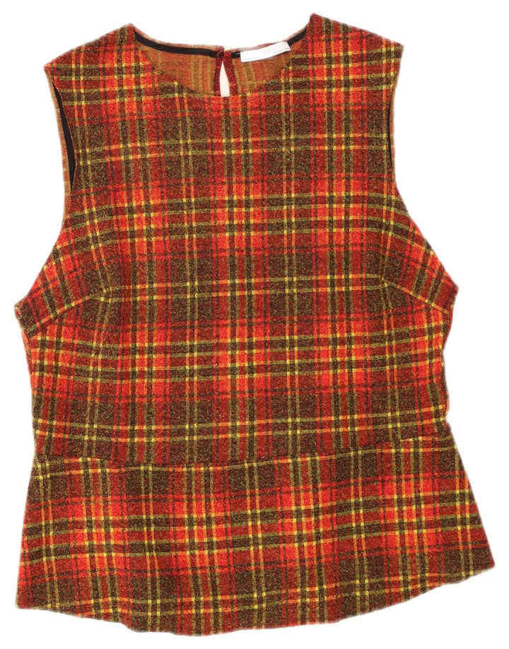 Blusa feminina sem mangas Zara Top UK 14 poliéster xadrez laranja grande