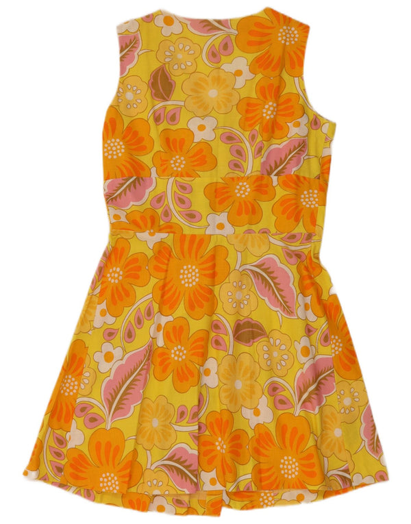 Vestido feminino vintage sem mangas evasê UK 12 floral amarelo médio