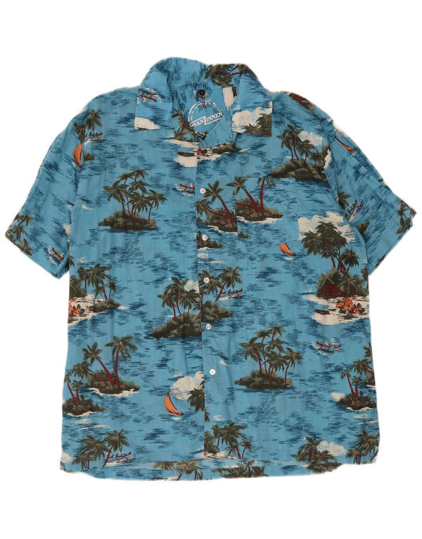 Camisa havaiana masculina vintage de manga curta XL algodão azul