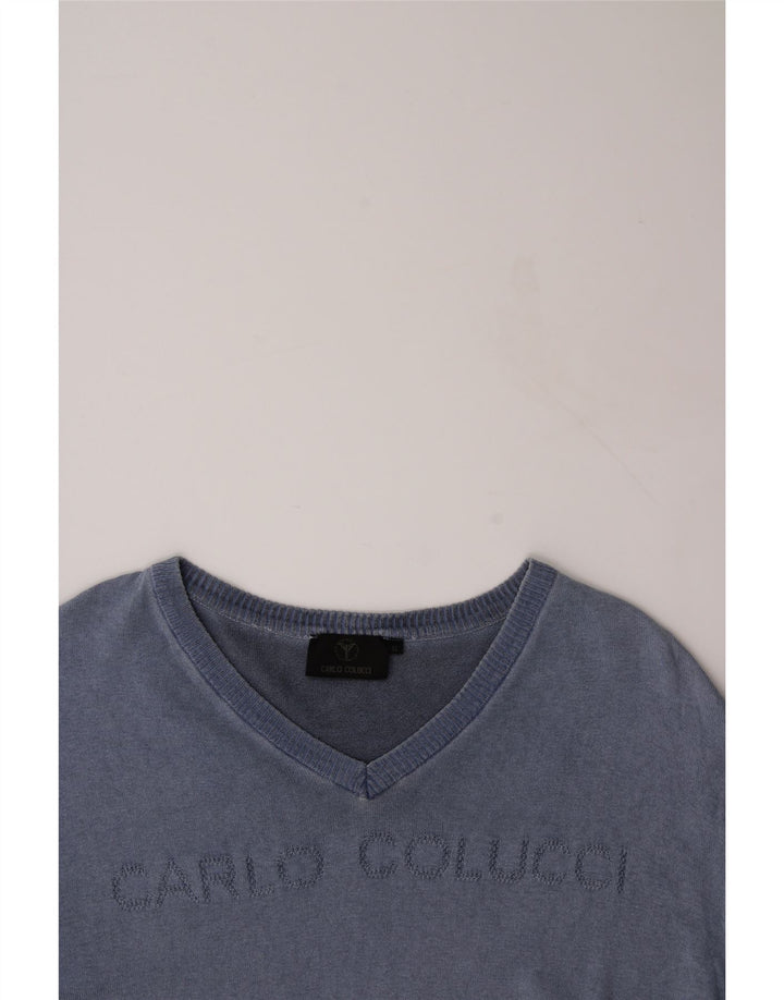 CARLO COLUCCI Mens Graphic V-Neck Jumper Sweater XL Navy Blue Cotton Vintage Carlo Colucci and Second-Hand Carlo Colucci from Messina Hembry 