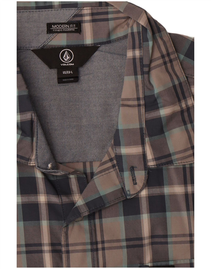 Camisa masculina Volcom manga curta moderna ajuste grande algodão xadrez cinza
