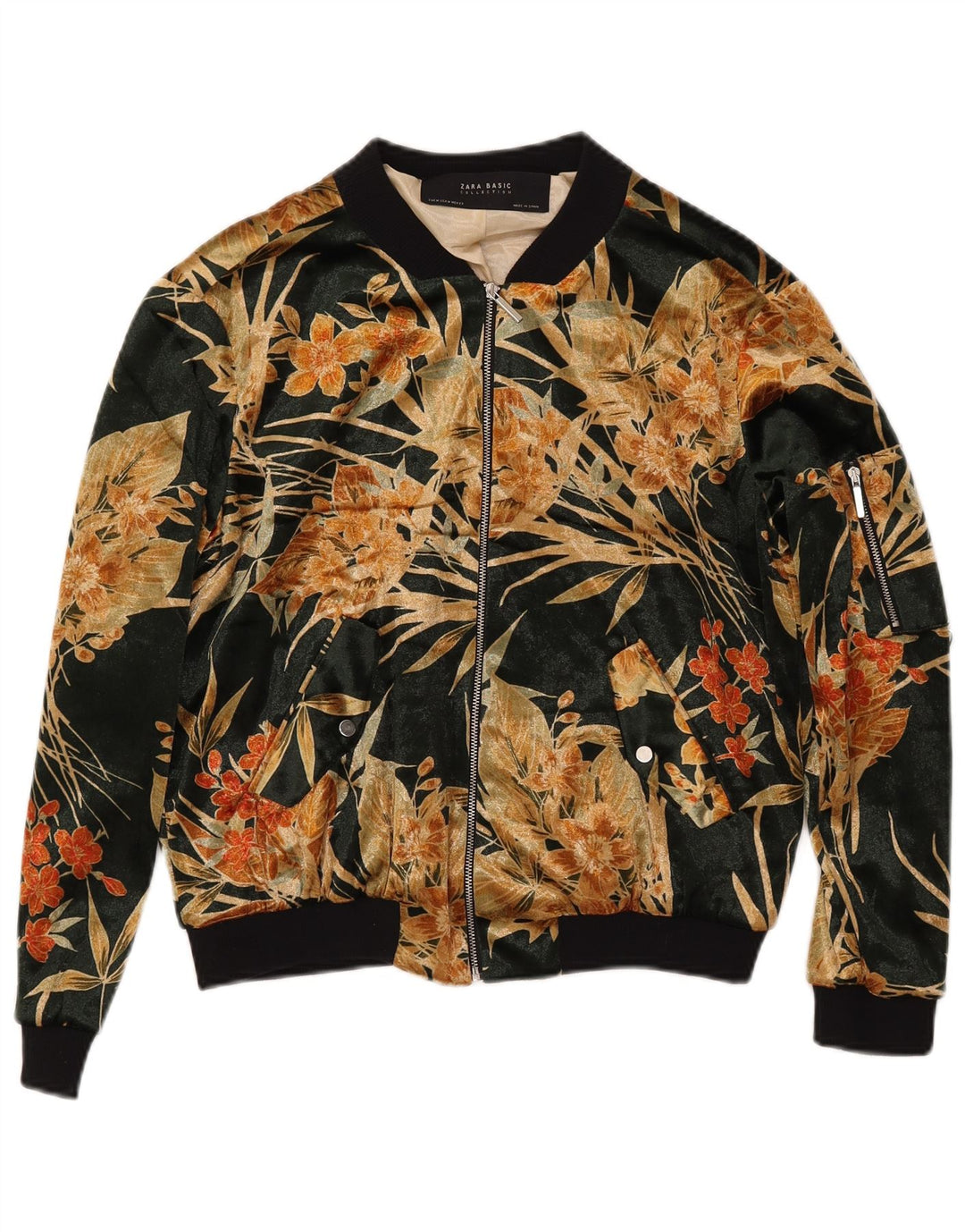 Jaqueta bomber feminina ZARA Reino Unido 14 algodão floral verde médio
