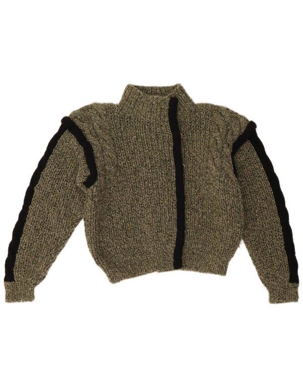 Suéter cardigan feminino vintage Reino Unido 12 algodão colorblock cáqui médio