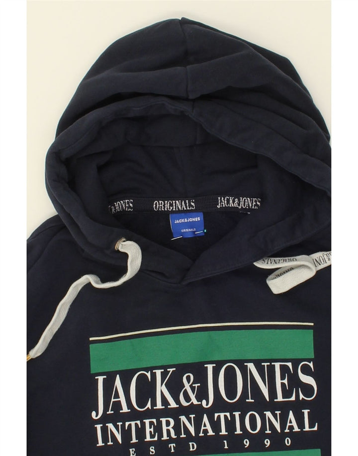 JACK & JONES Mens Graphic Hoodie Jumper Medium Navy Blue Cotton Vintage Jack & Jones and Second-Hand Jack & Jones from Messina Hembry 