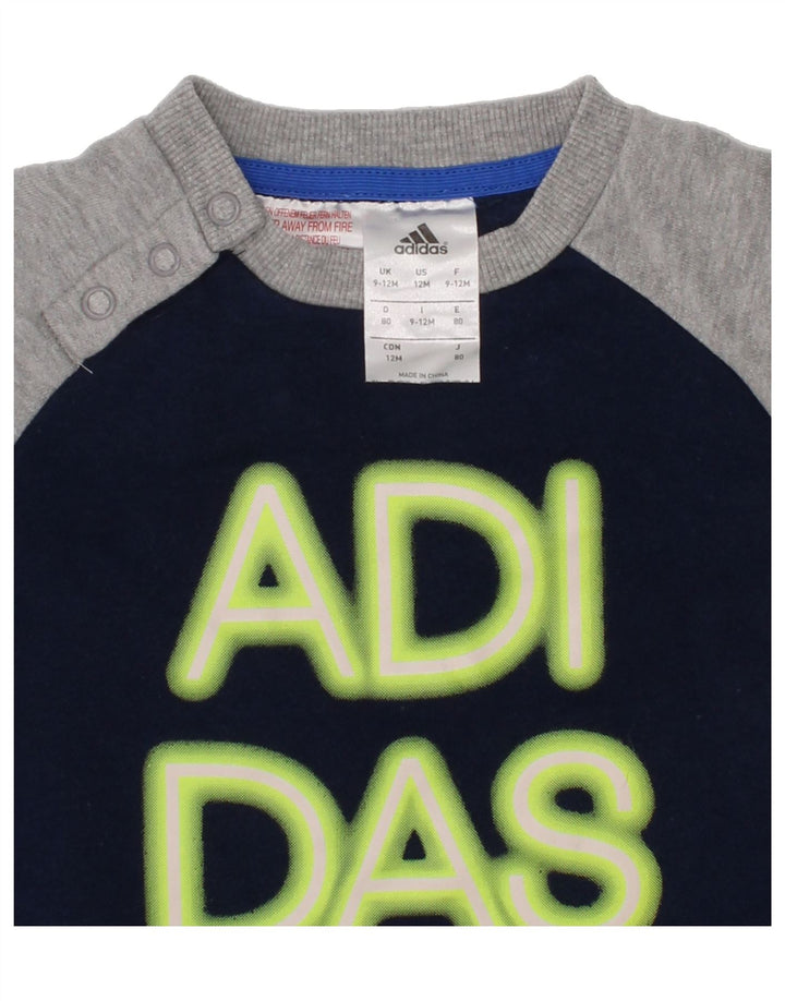 ADIDAS Baby Boys Graphic Sweatshirt Jumper 9-12 Months Navy Blue Vintage Adidas and Second-Hand Adidas from Messina Hembry 