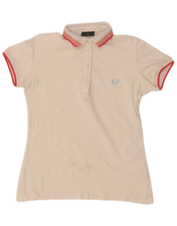 Camisa polo feminina Fred Perry Reino Unido 14 grande algodão listrado branco