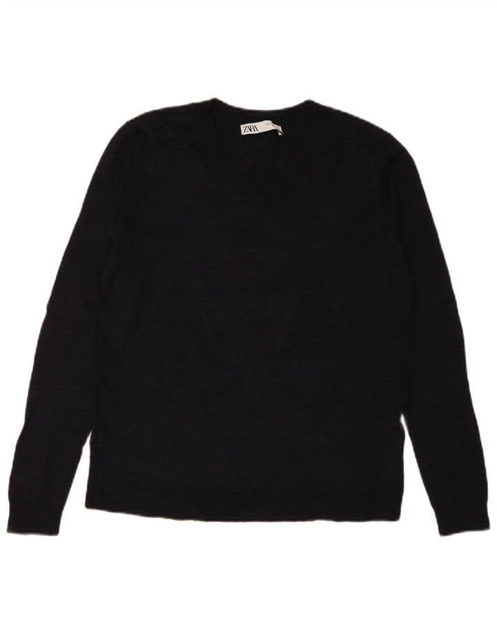 Suéter feminino Zara com decote em V Reino Unido 10 pequeno lã azul marinho