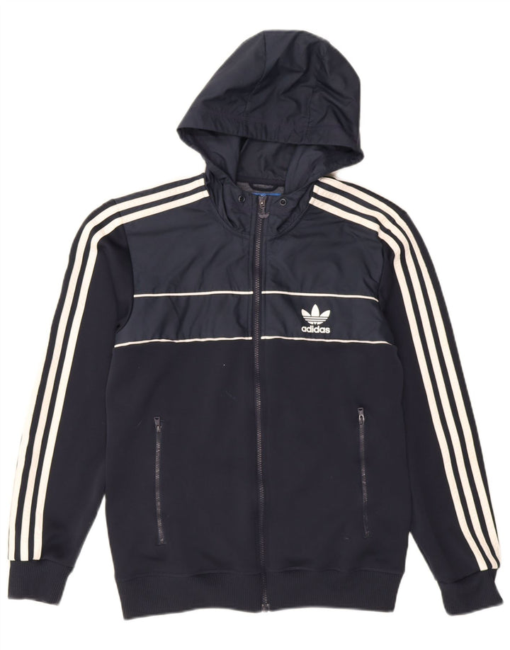 Adidas masculino zip moletom com capuz pequeno poliéster azul marinho