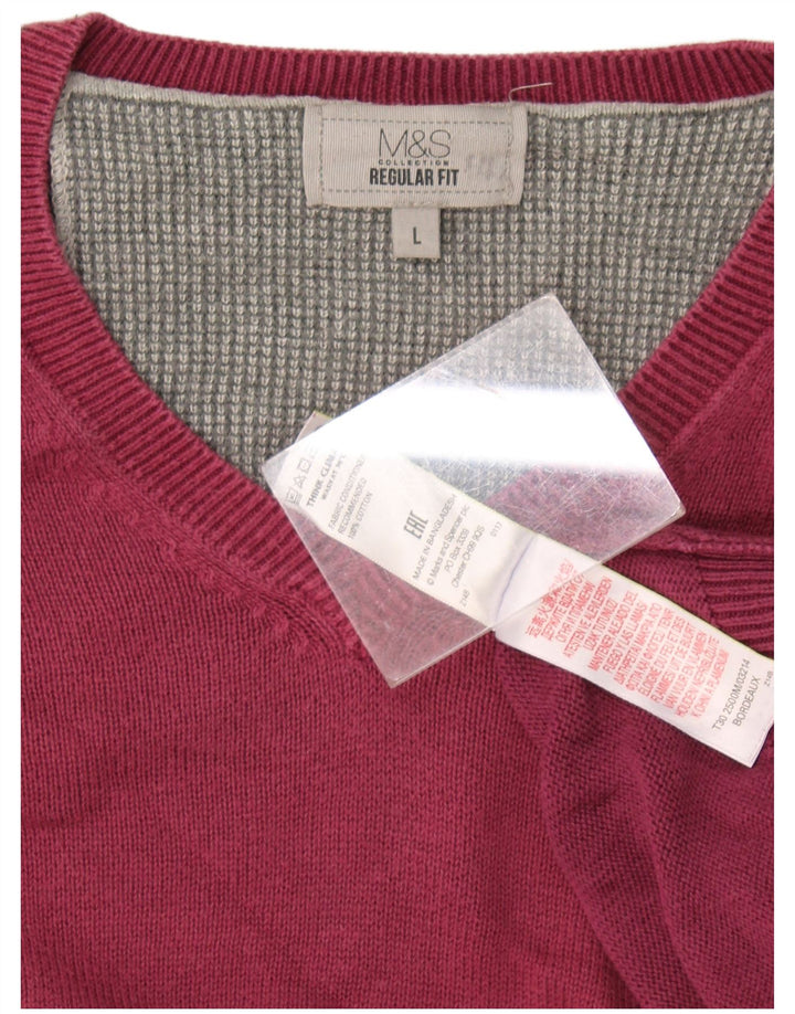 Suéter masculino Marks & Spencer com ajuste regular e decote em V, grande Borgonha
