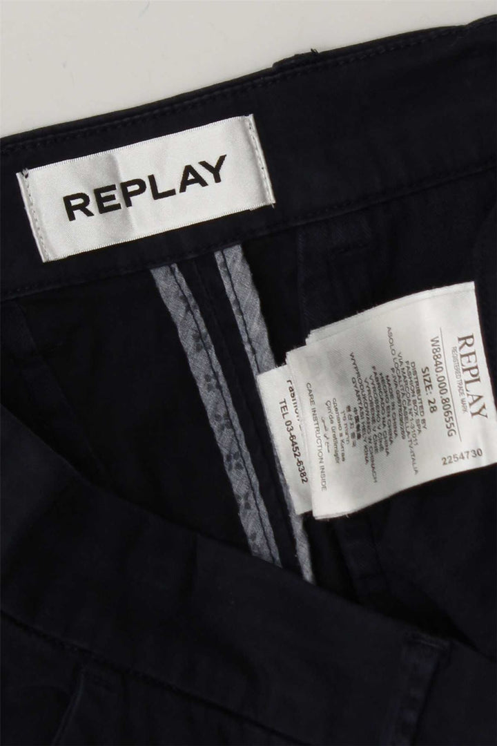 Calça feminina recortada reta REPLAY W28 L25 algodão azul marinho