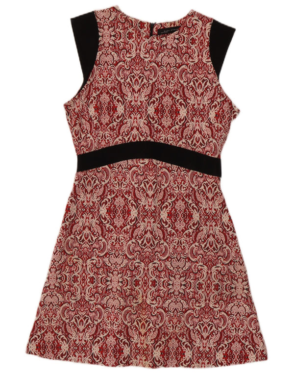 Vestido feminino Zara sem mangas evasê UK 10 pequeno poliéster vermelho paisley