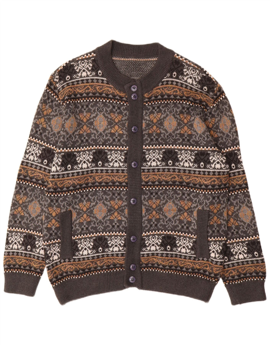 Suéter cardigã masculino vintage grande lã Fair Isle cinza