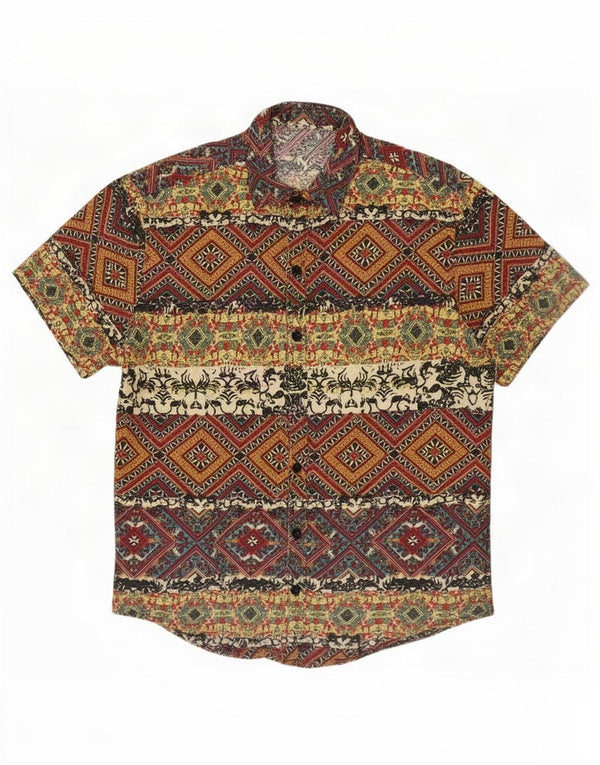 Camisa masculina vintage de manga curta com retalhos multicoloridos médios