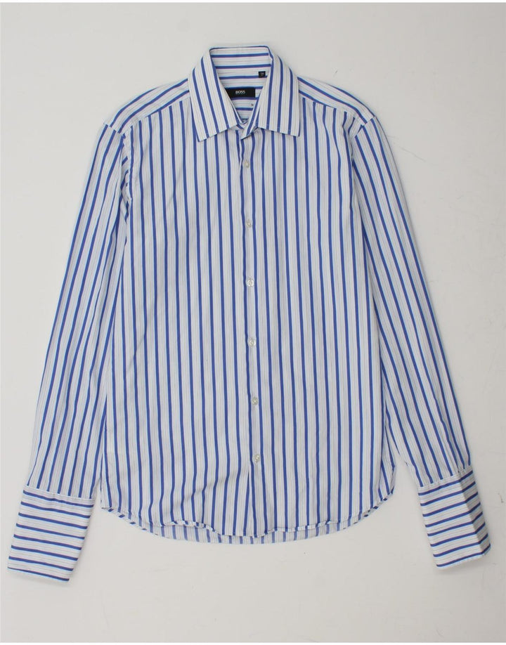 Camisa formal masculina HUGO BOSS tamanho 38 15 algodão listrado azul médio
