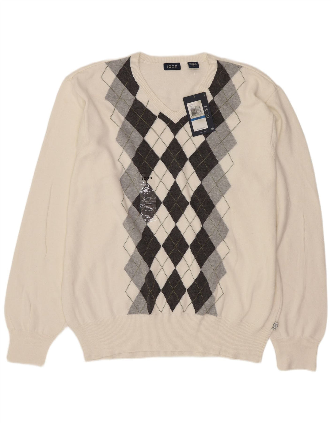 Suéter masculino Izod com decote em V XL branco Argyle/algodão diamante